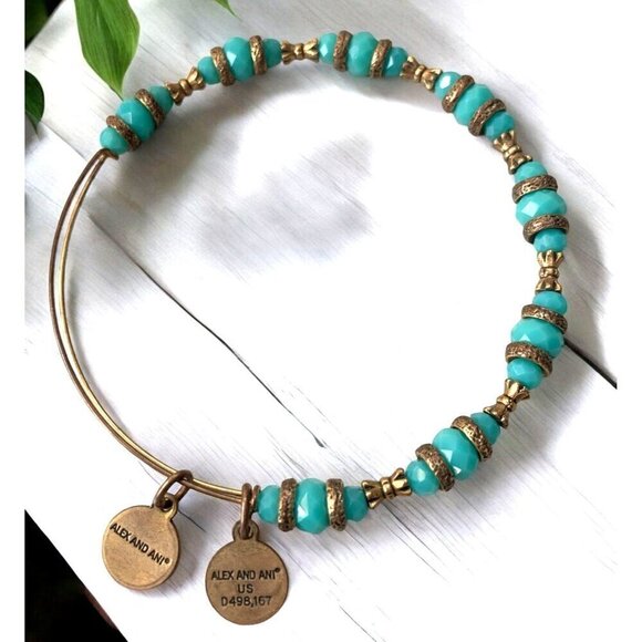 Alex and Ani Beaded Gold Charm Bangle With Turquoise & Gold Beads 2.0"- 3.5" - Picture 2 of 2